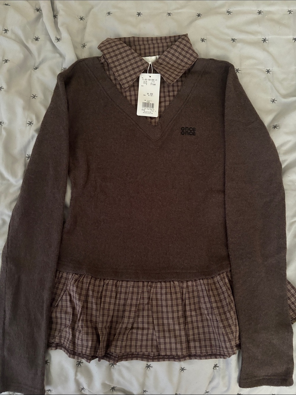 Trinity Brown Layered V‑Neck Sweater with Plaid Hem